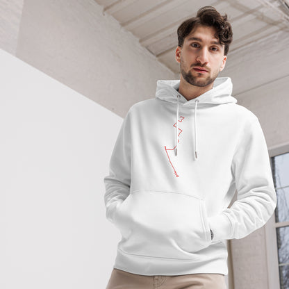 Man wearing a white hoodie with a red custom Strava route print art design indoors