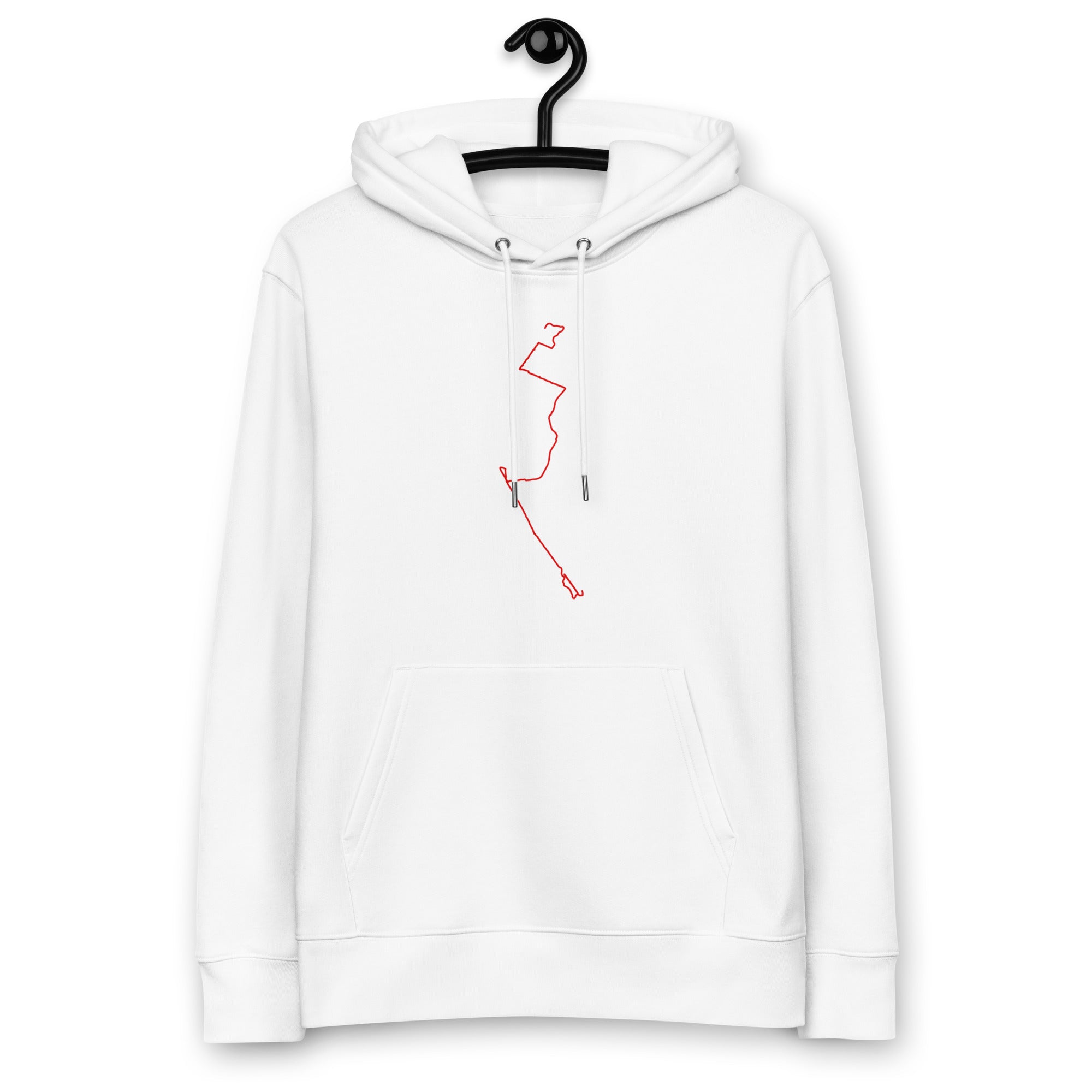 White hoodie with a red custom Strava route print art on a hanger against a white background