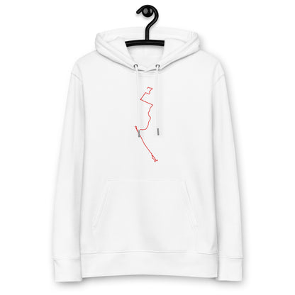 White hoodie with a red custom Strava route print art on a hanger against a white background
