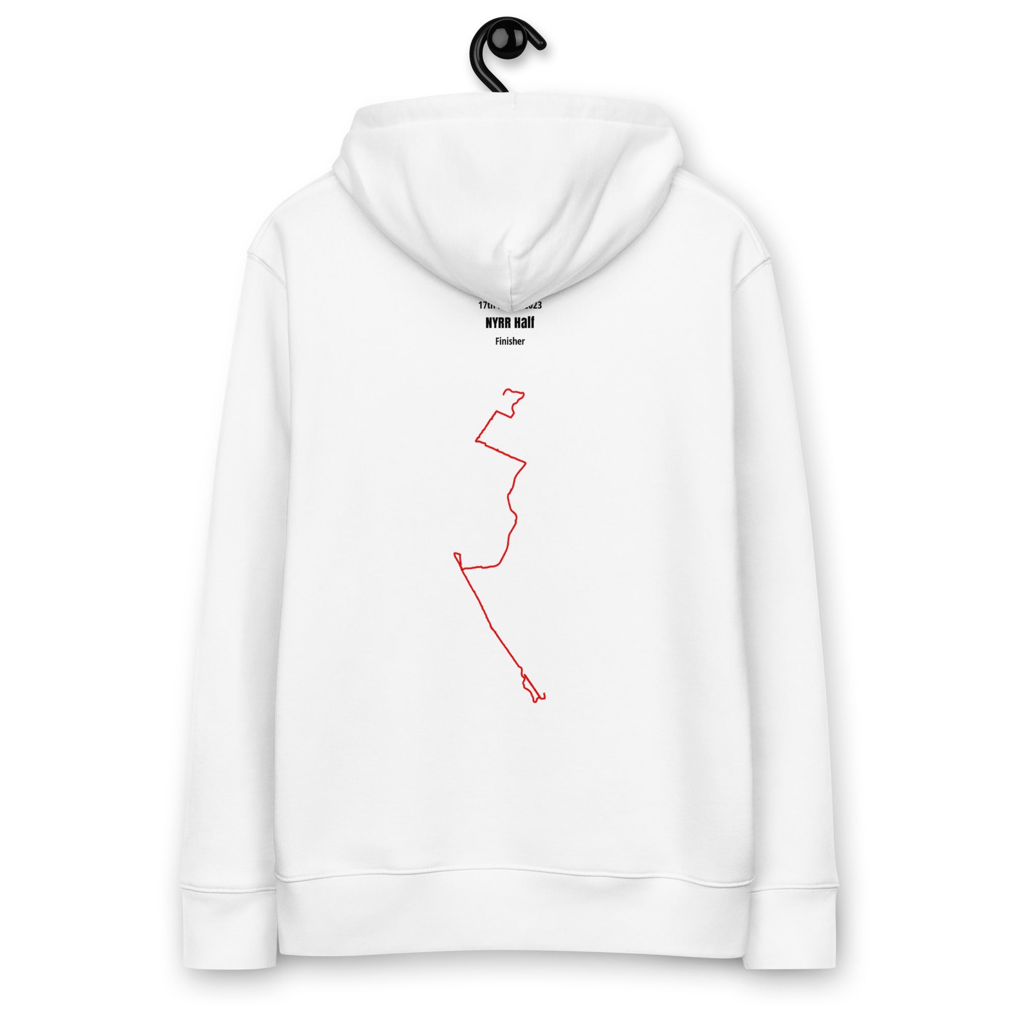 White hoodie with red custom Strava route print art on a white background