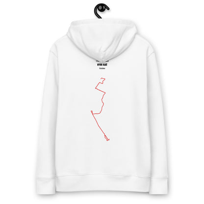 White hoodie with red custom Strava route print art on a white background