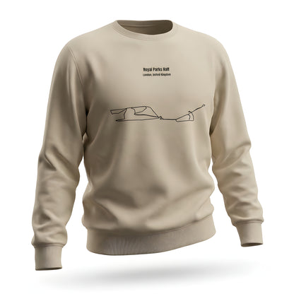 Beige sweatshirt with custom Strava route print art design on a white background