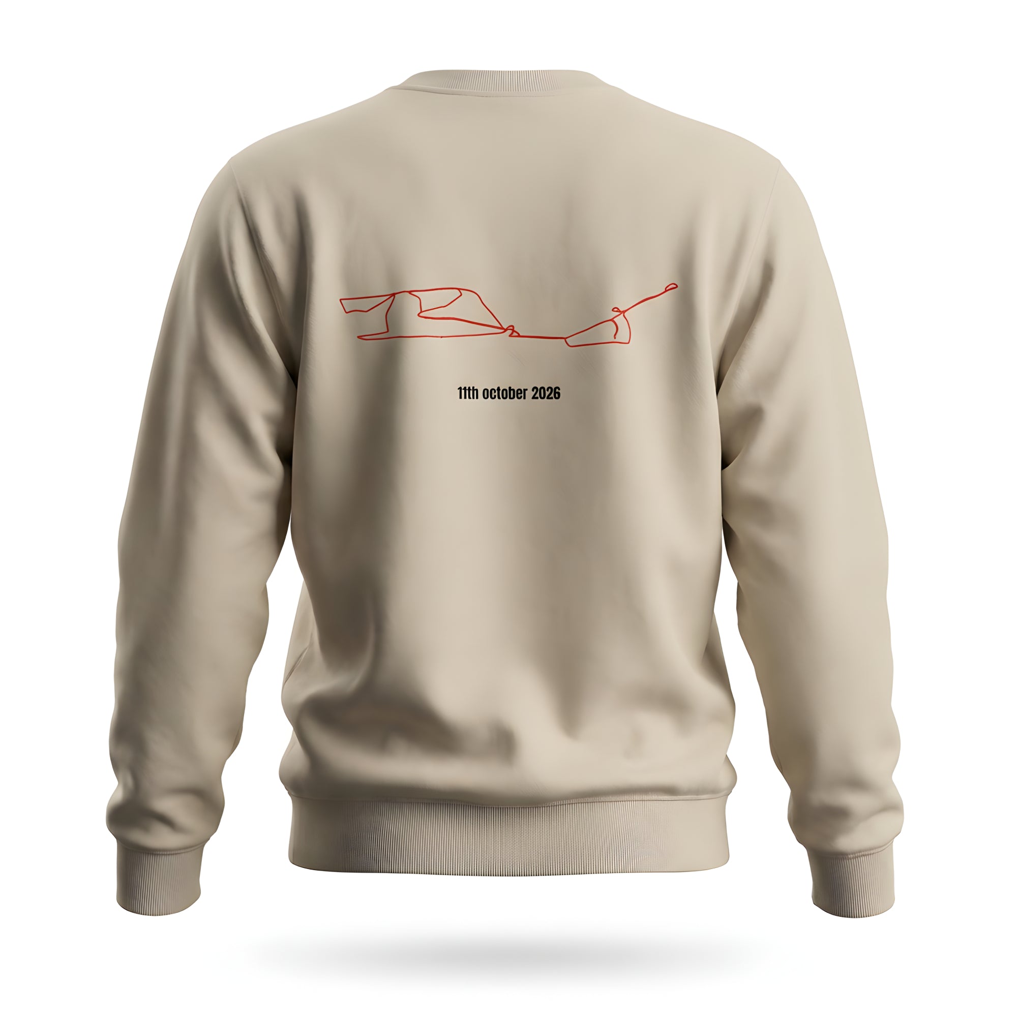 Beige sweatshirt with red custom Strava route print art design and text on the back against a white background