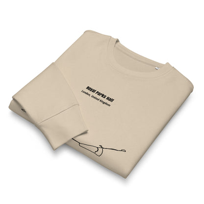 Beige sweatshirt with text and custom Strava route print art design on a white background