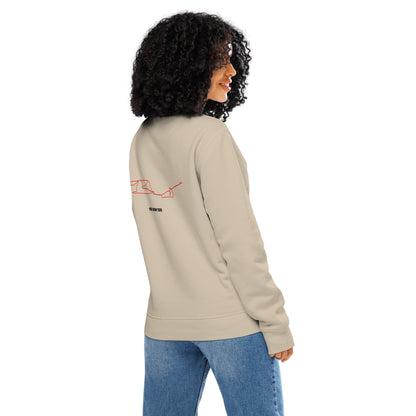 Person wearing a beige sweatshirt with red custom Strava route print art on the sleeve against a white background