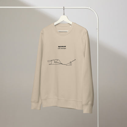 Beige sweatshirt with custom Strava route print art design on a hanger against a plain background