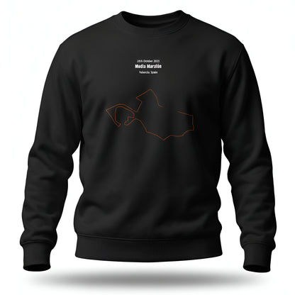 Black sweatshirt with custom Strava route print art design and text on a white background