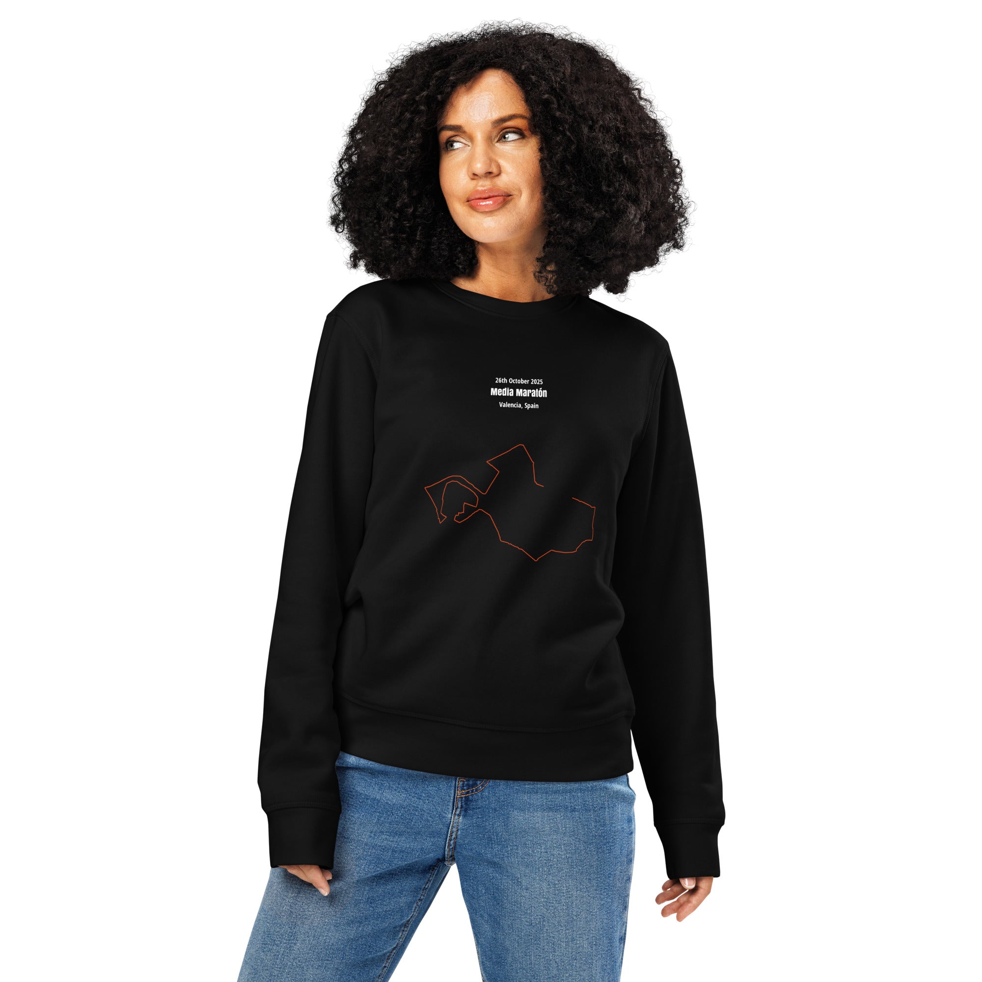 Person wearing a black sweatshirt with custom Strava route print art design on a white background