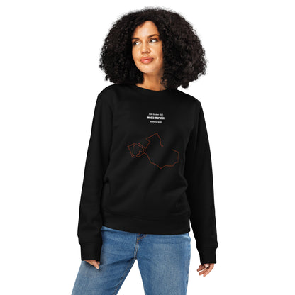 Person wearing a black sweatshirt with custom Strava route print art design on a white background