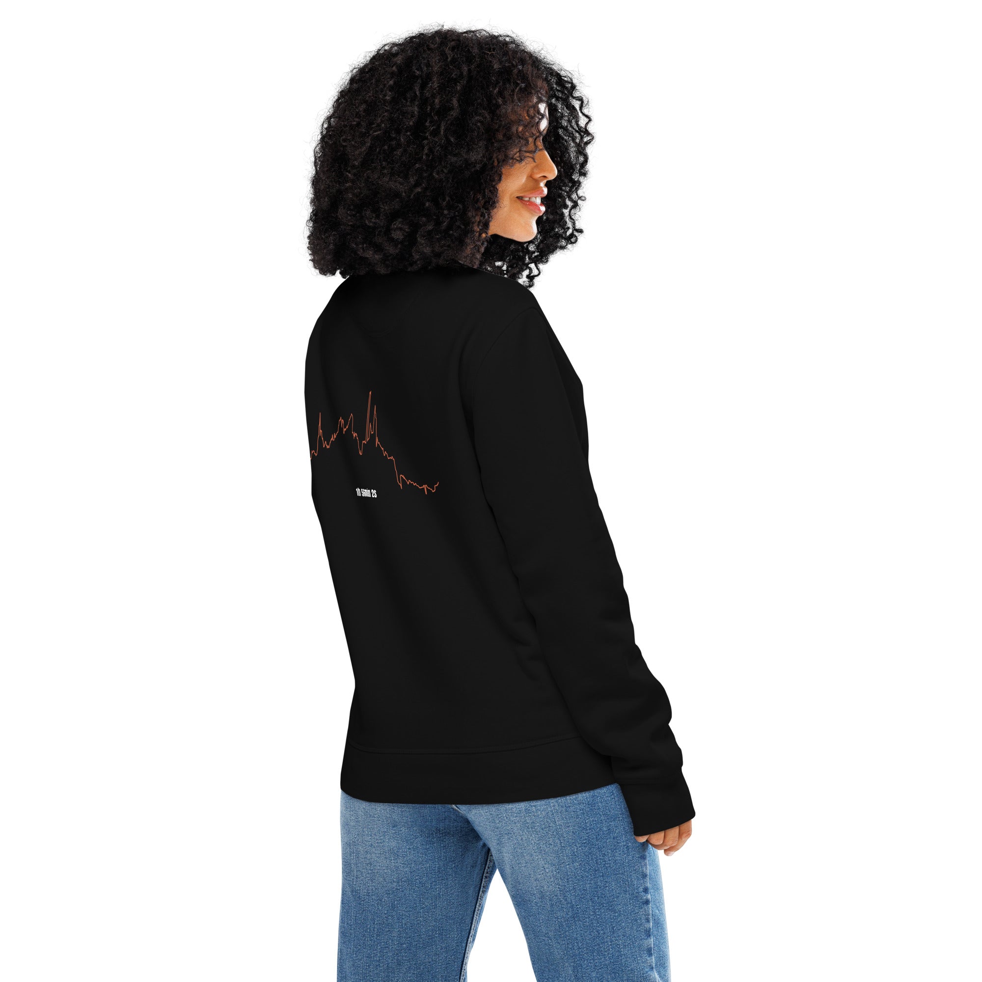 Person wearing a black long-sleeve shirt with custom Strava route print art design on the sleeve against a white background
