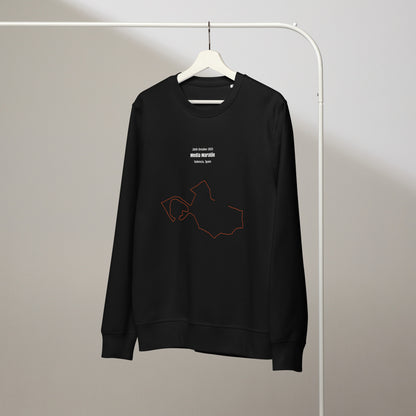 Black sweatshirt with custom Strava route print art design on a hanger against a plain background