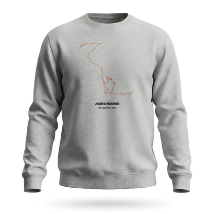 Gray sweatshirt with custom Strava route print art design and text on a white background