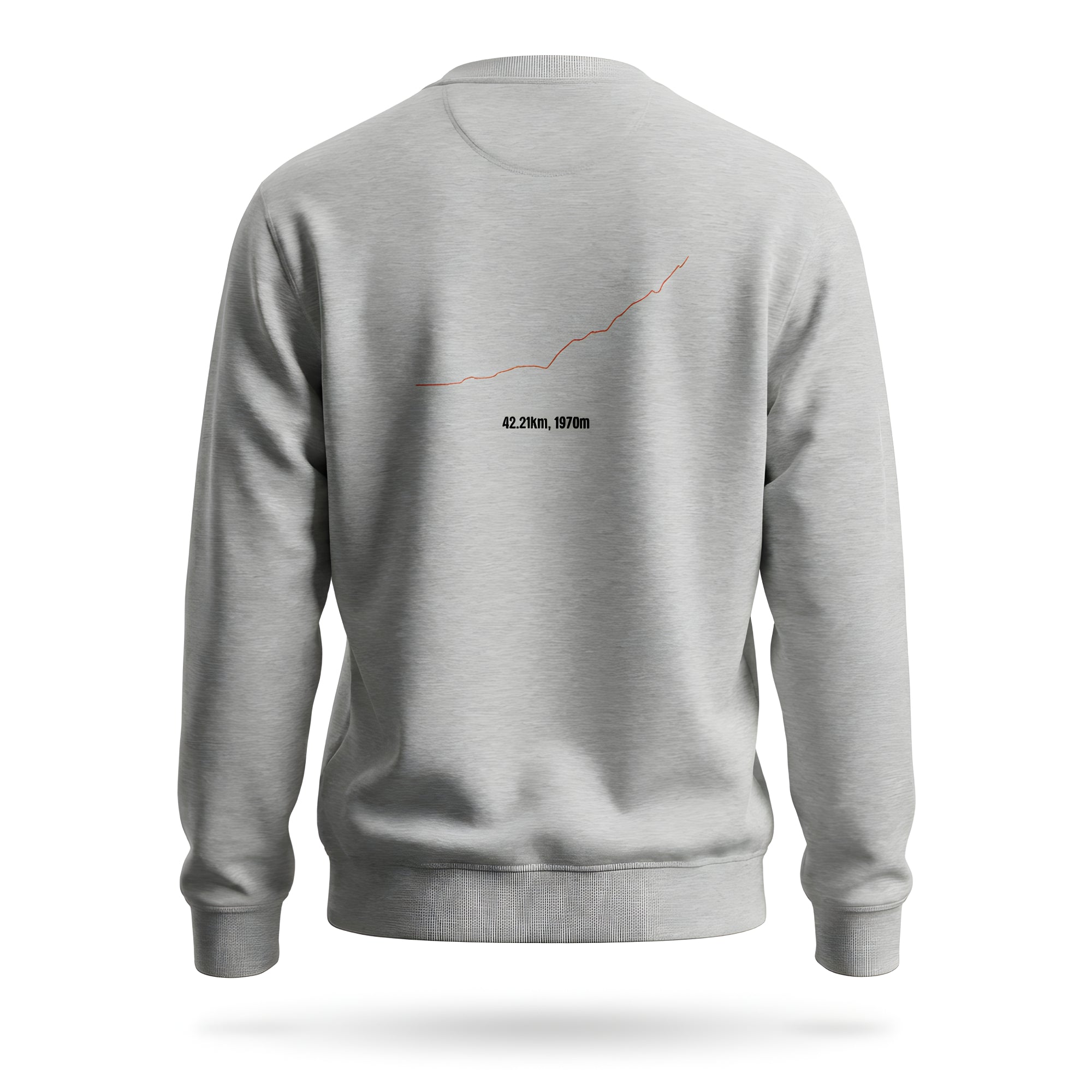 Gray sweatshirt with custom Strava route print art design on the back against a white background