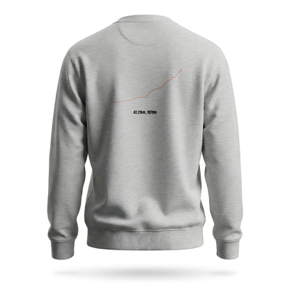 Gray sweatshirt with custom Strava route print art design on the back against a white background