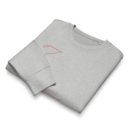 Folded gray sweatshirt with orange custom Strava route print art design on a white background