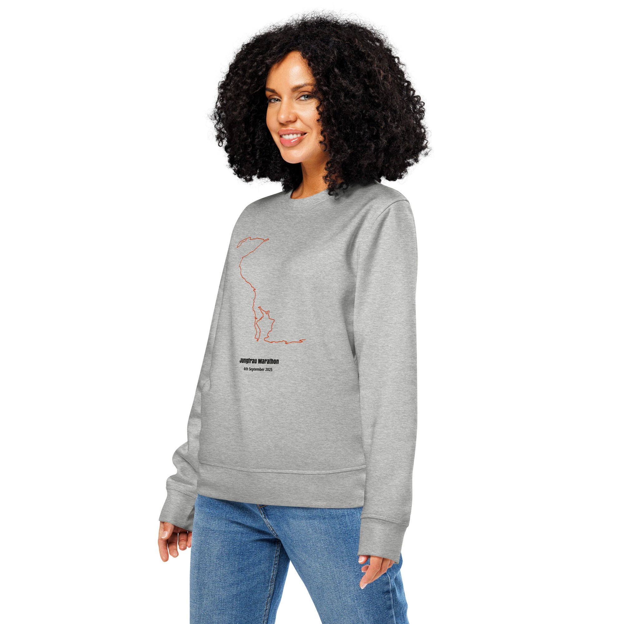 Woman wearing a gray sweatshirt with custom Strava route print art design on a white background
