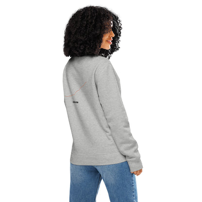 Person wearing a gray sweatshirt with custom Strava route print art on the sleeve against a white background