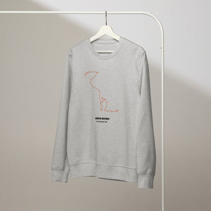 Gray sweatshirt with custom Strava route print art design on a hanger against a plain background