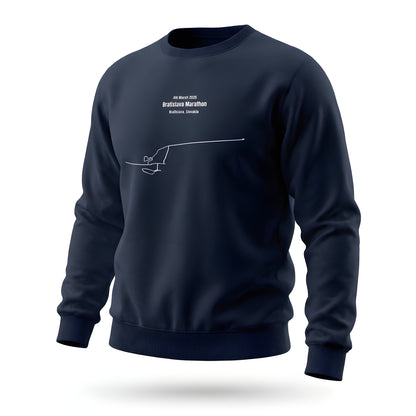 Navy blue sweatshirt with a white custom Strava route print art design on a white background