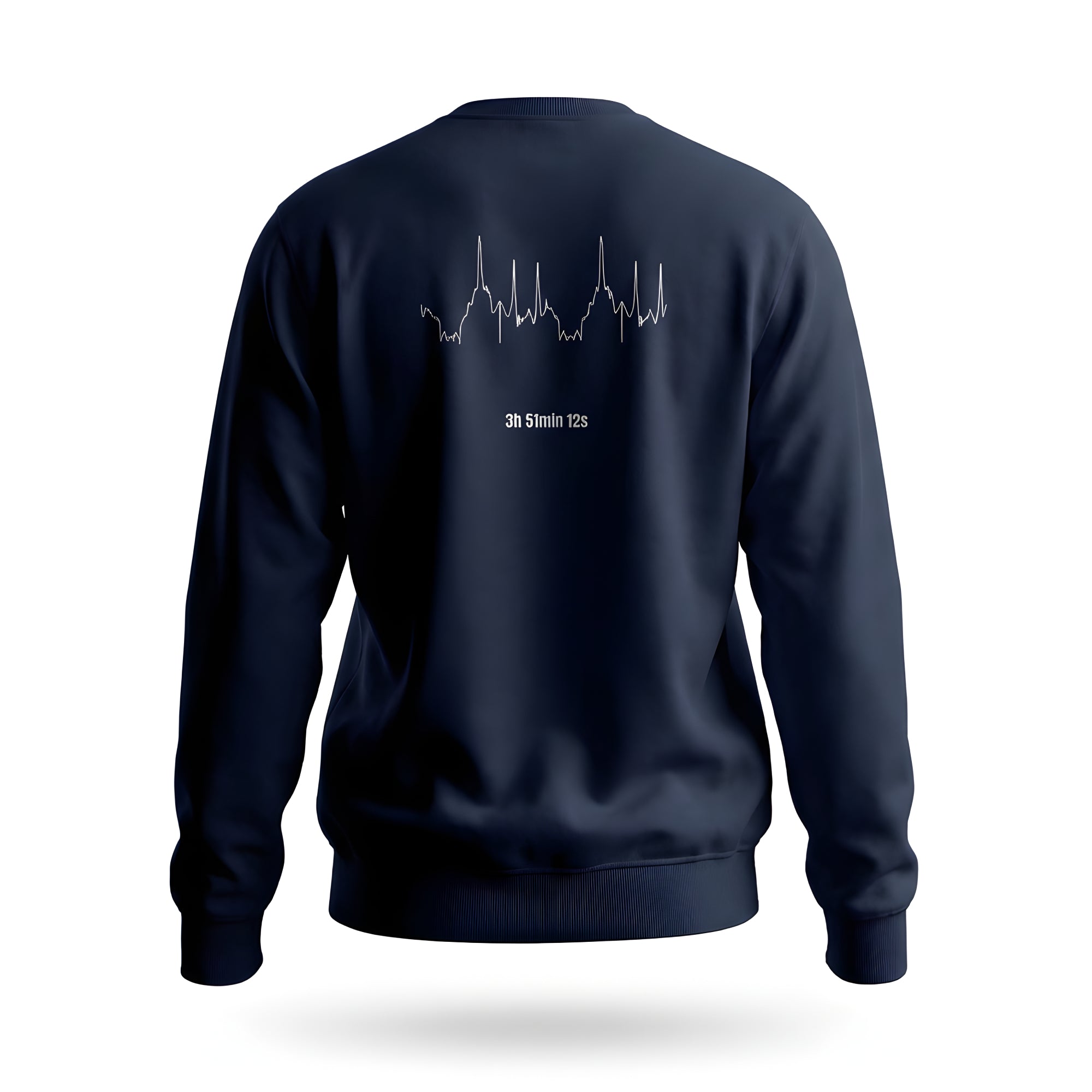 Navy blue sweatshirt with custom Strava route print art design on the back against a white background