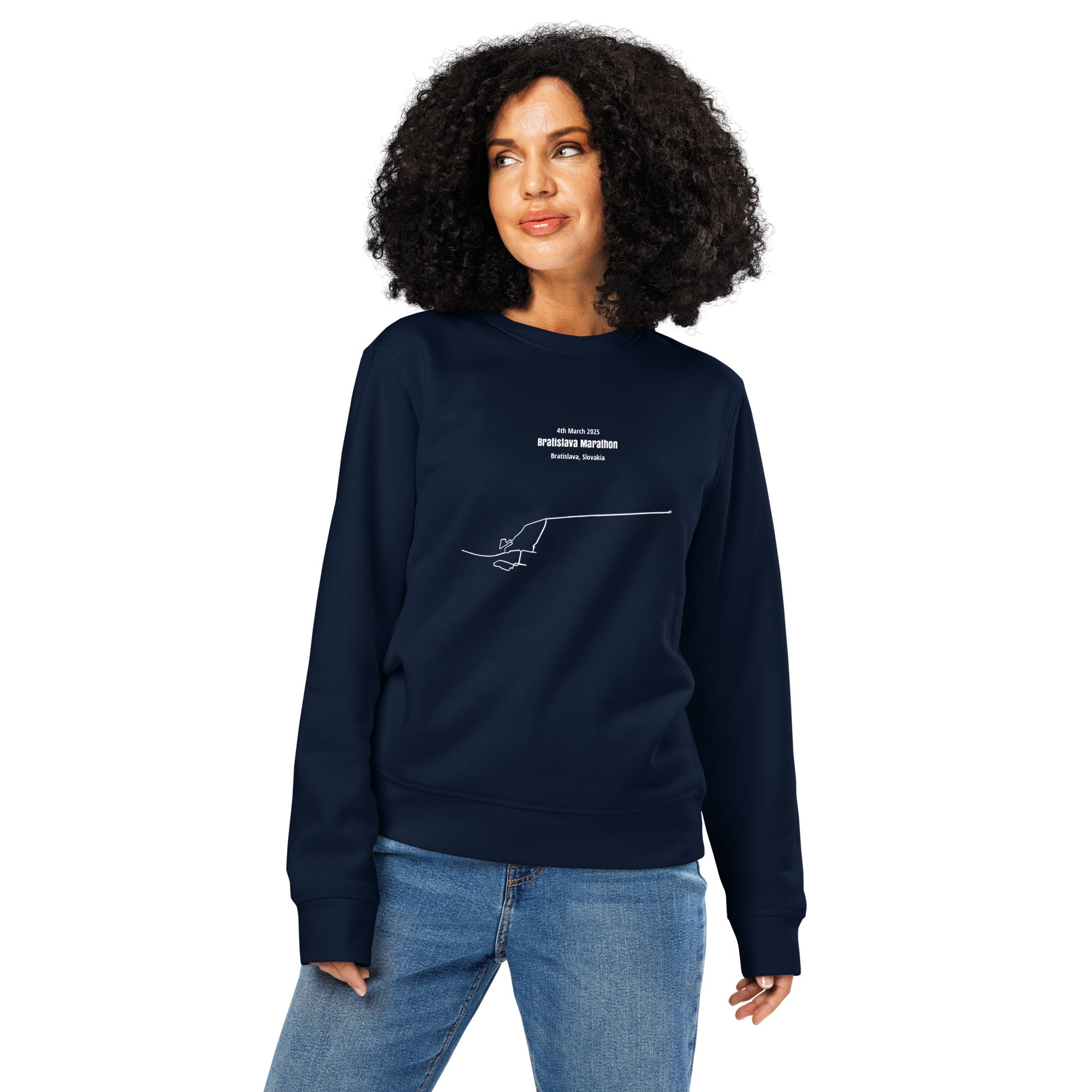Woman wearing a navy blue sweatshirt with custom Strava route print art design on a white background