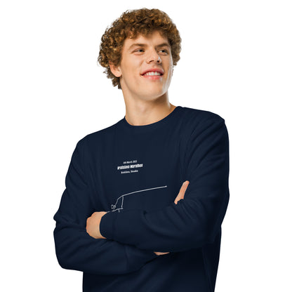 Man wearing a navy blue long-sleeve shirt with custom Strava route print art design on a white background
