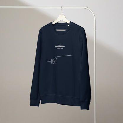 Navy blue sweatshirt with a white custom Strava route print art and text on a hanger against a plain background