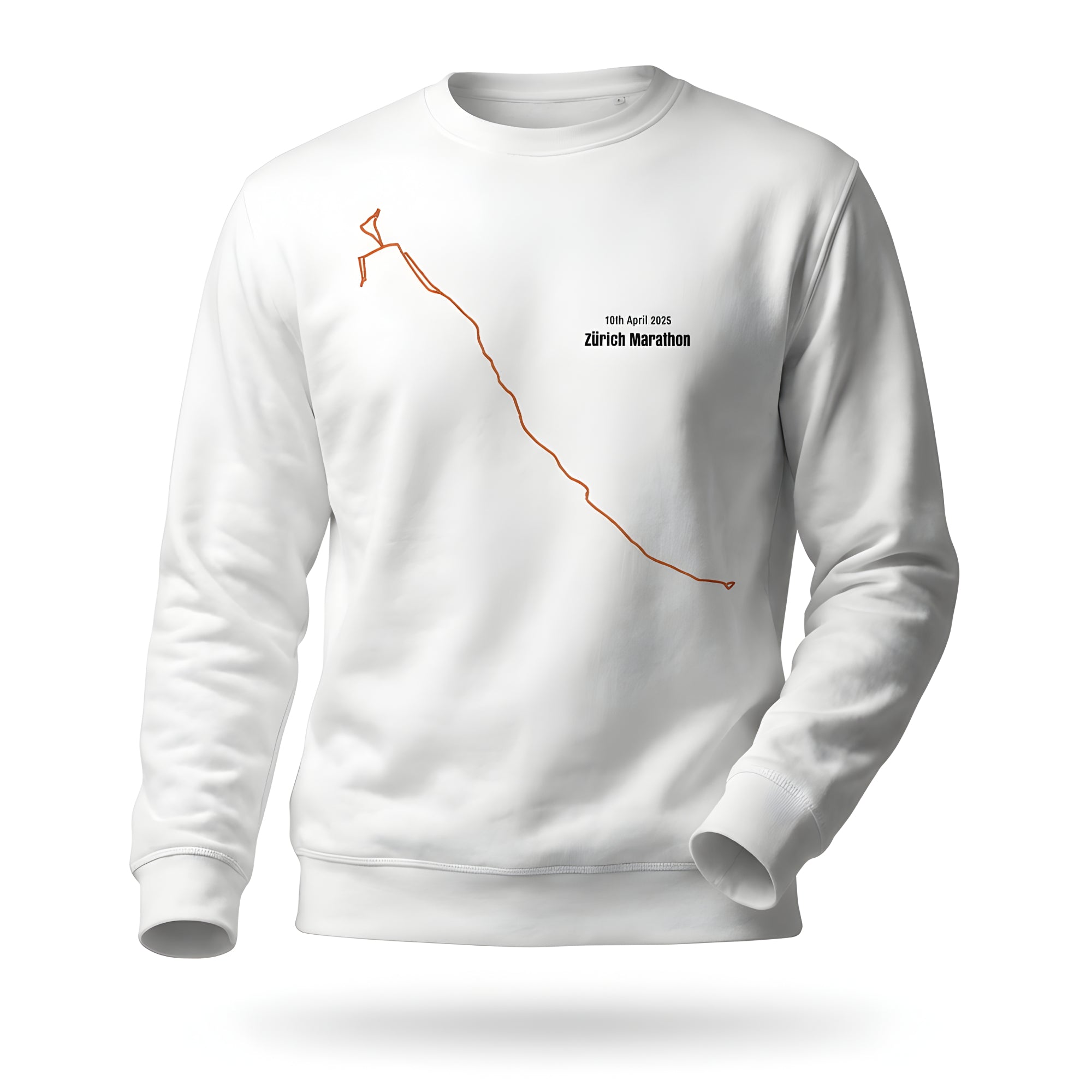White sweatshirt with orange custom Strava route print art design and text on a white background