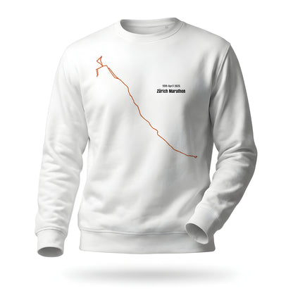 White sweatshirt with orange custom Strava route print art design and text on a white background