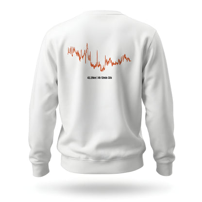 White sweatshirt with red and black custom Strava route print art design on the back against a white background