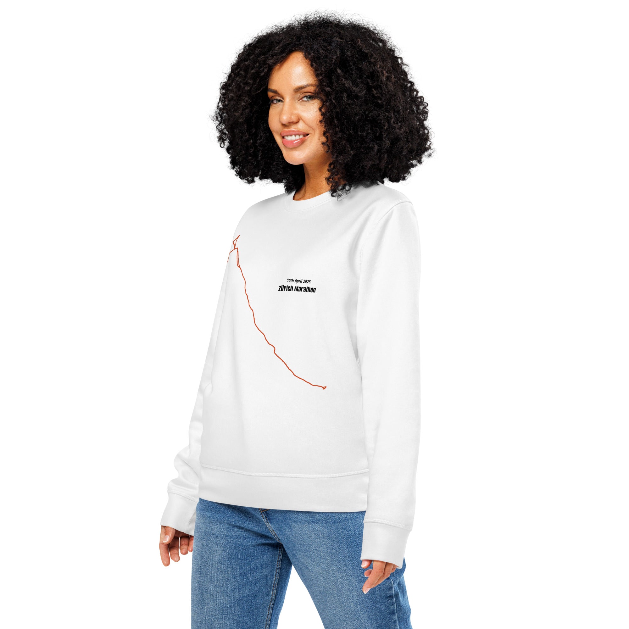 Woman wearing a white sweatshirt with custom Strava route print art on a white background