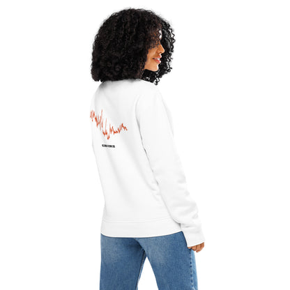 Person wearing a white sweatshirt with red custom Strava route print art on the back, standing against a white background