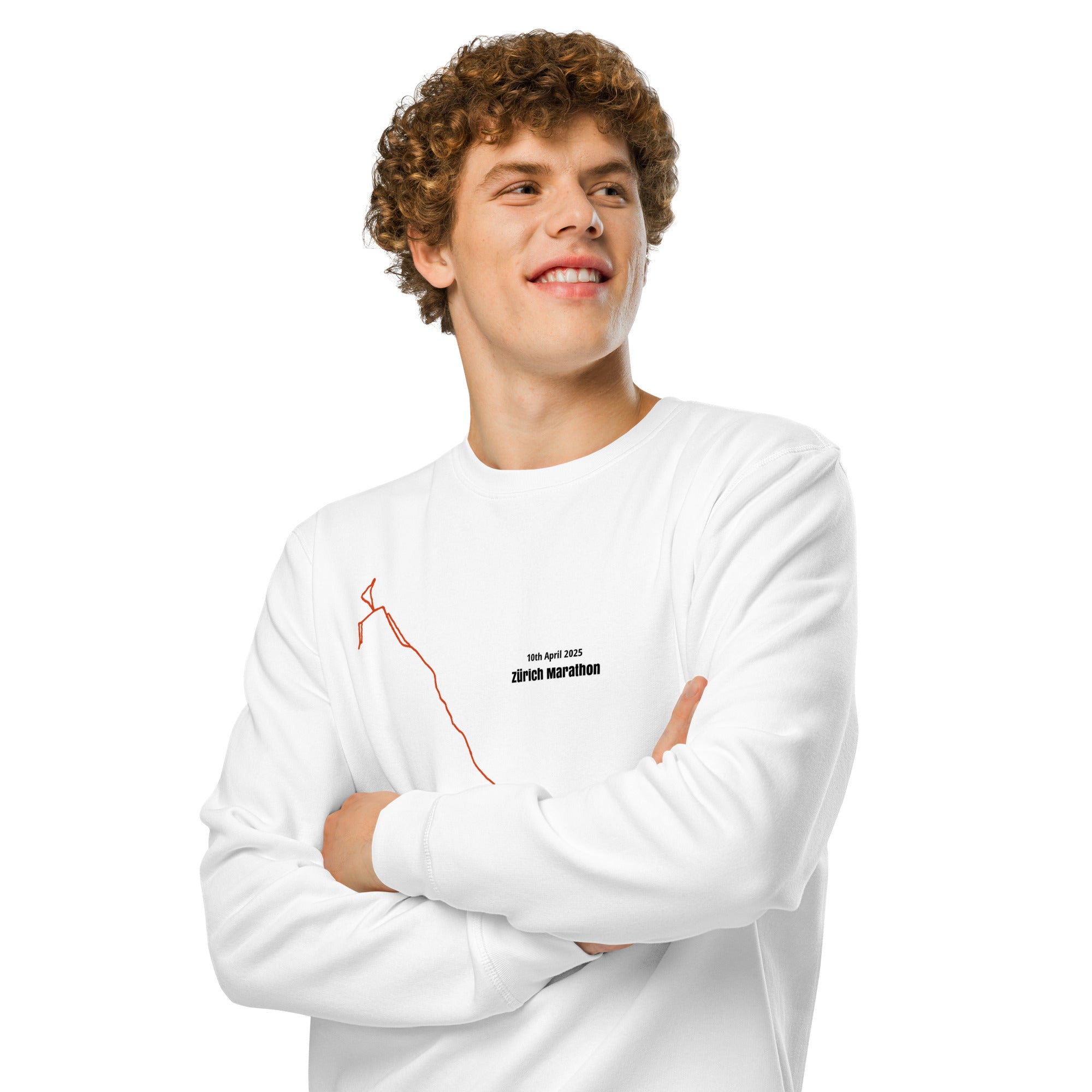 Man wearing a white sweatshirt with custom Strava route print art on a white background