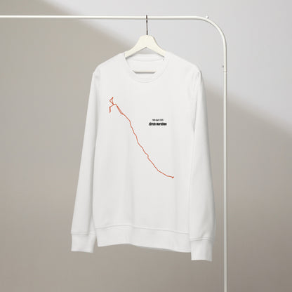 White sweatshirt with red custom Strava route print art design on a hanger against a plain background