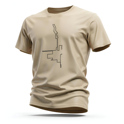 Beige t-shirt with a black custom Strava route print art design on a white background