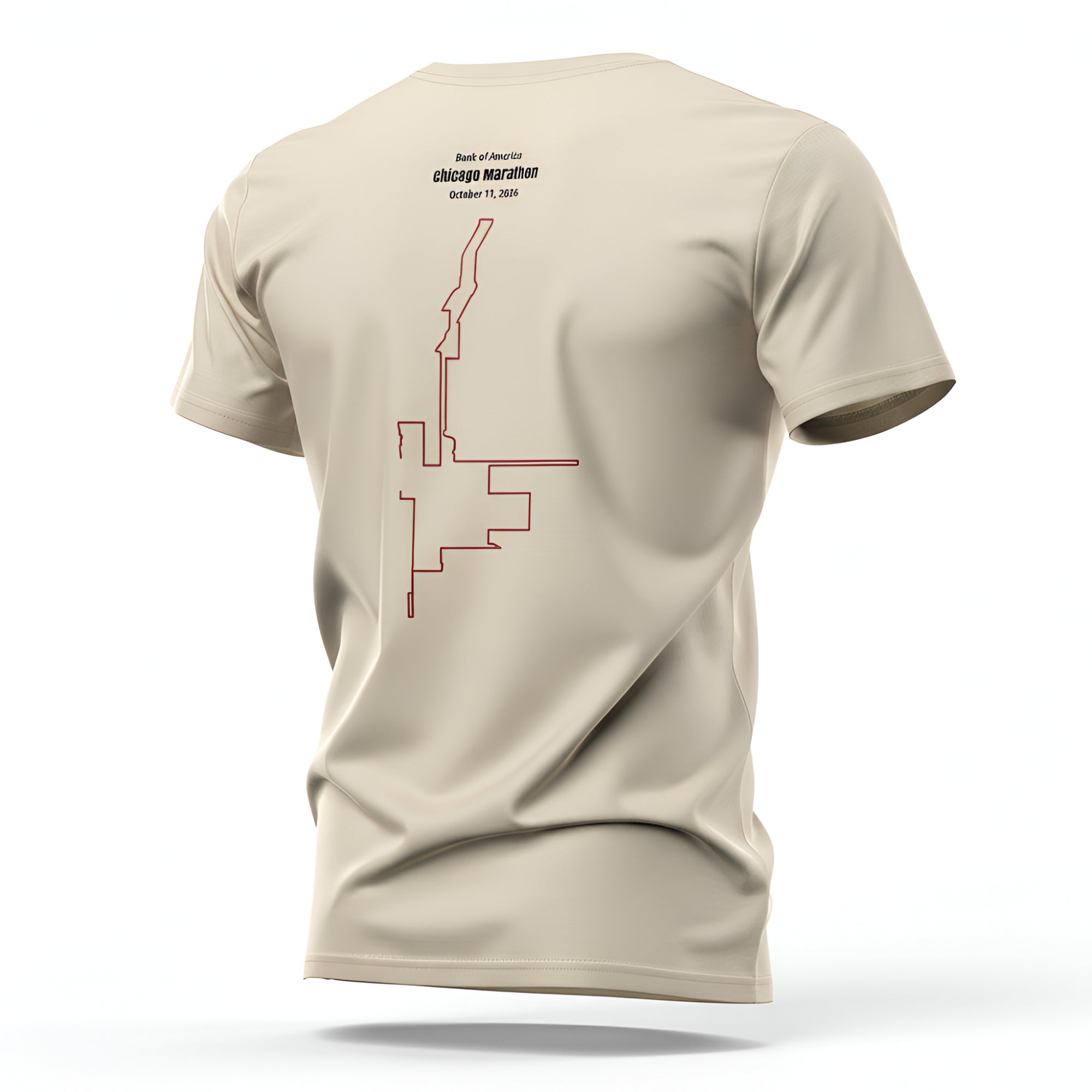 Beige t-shirt with marathon custom Strava route print art design on a white background