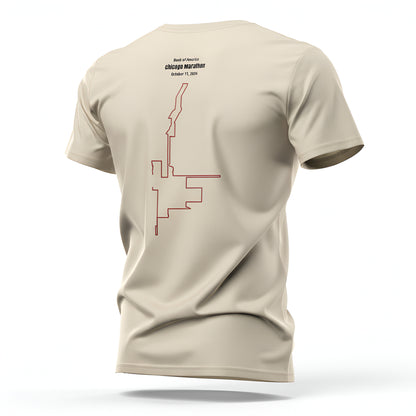 Beige t-shirt with marathon custom Strava route print art design on a white background