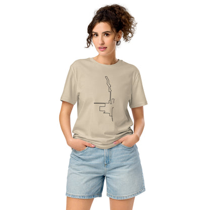 Woman wearing a beige t-shirt with a black custom Strava route print art drawing on a white background
