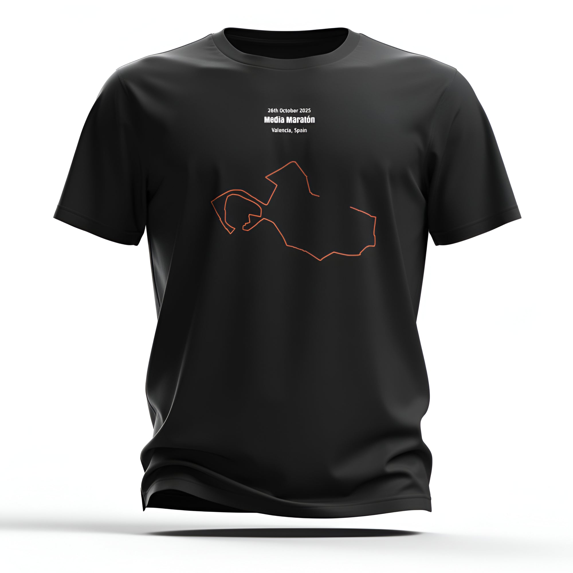 Black t-shirt with orange custom Strava route print art design on a white background