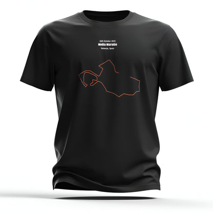 Black t-shirt with orange custom Strava route print art design on a white background