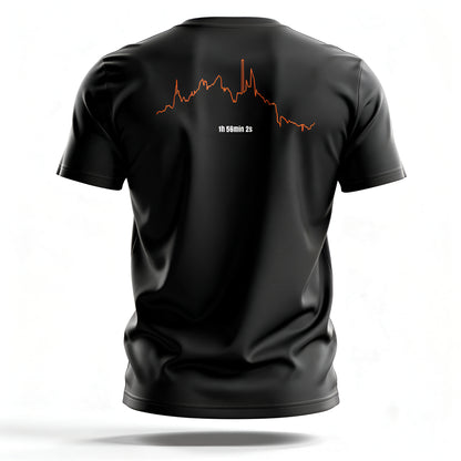Black t-shirt with a red custom Strava route print art design on the back against a white background