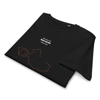 Black t-shirt with white text and red custom Strava route print art on a white background