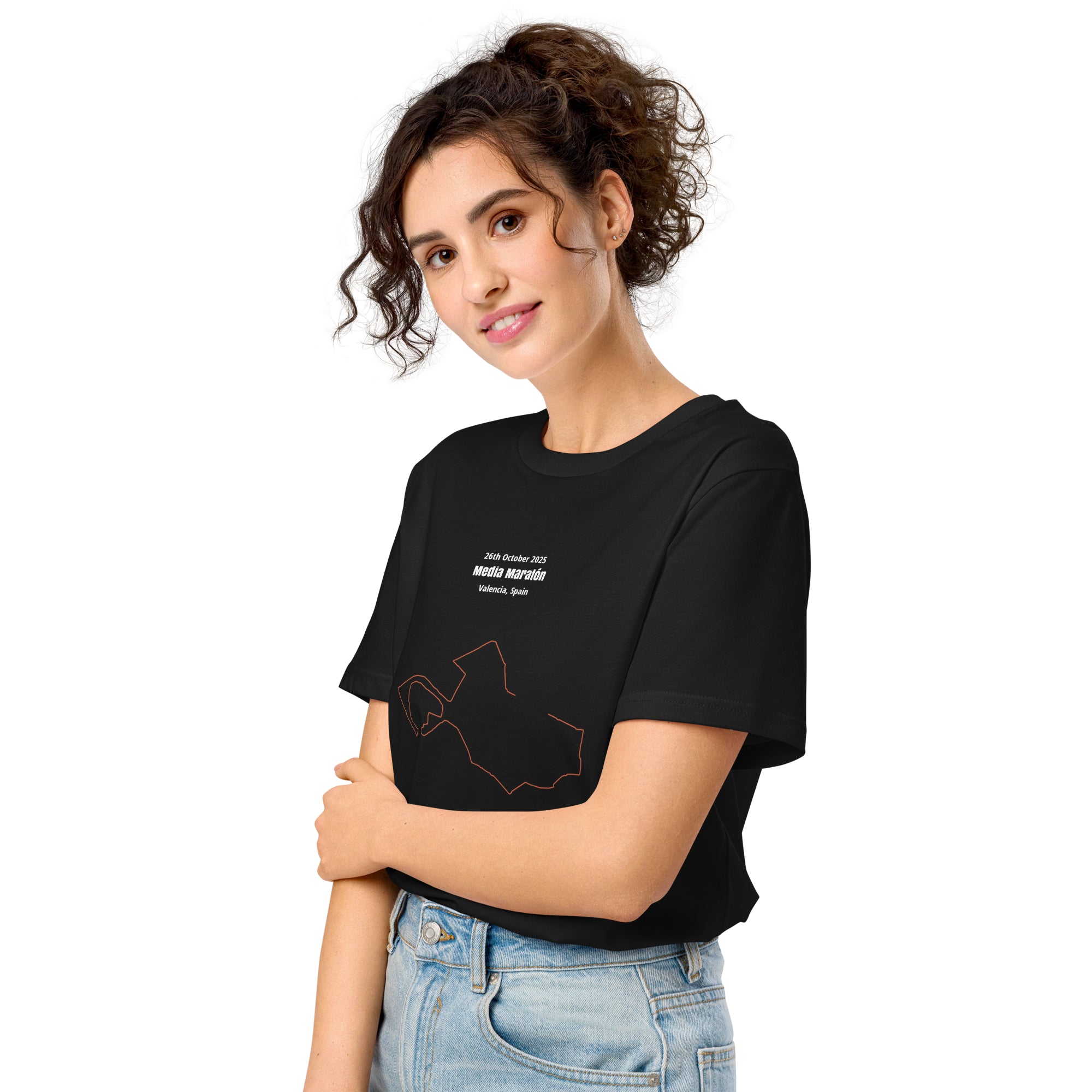 Woman wearing a black t-shirt with text and custom Strava route print art on a white background