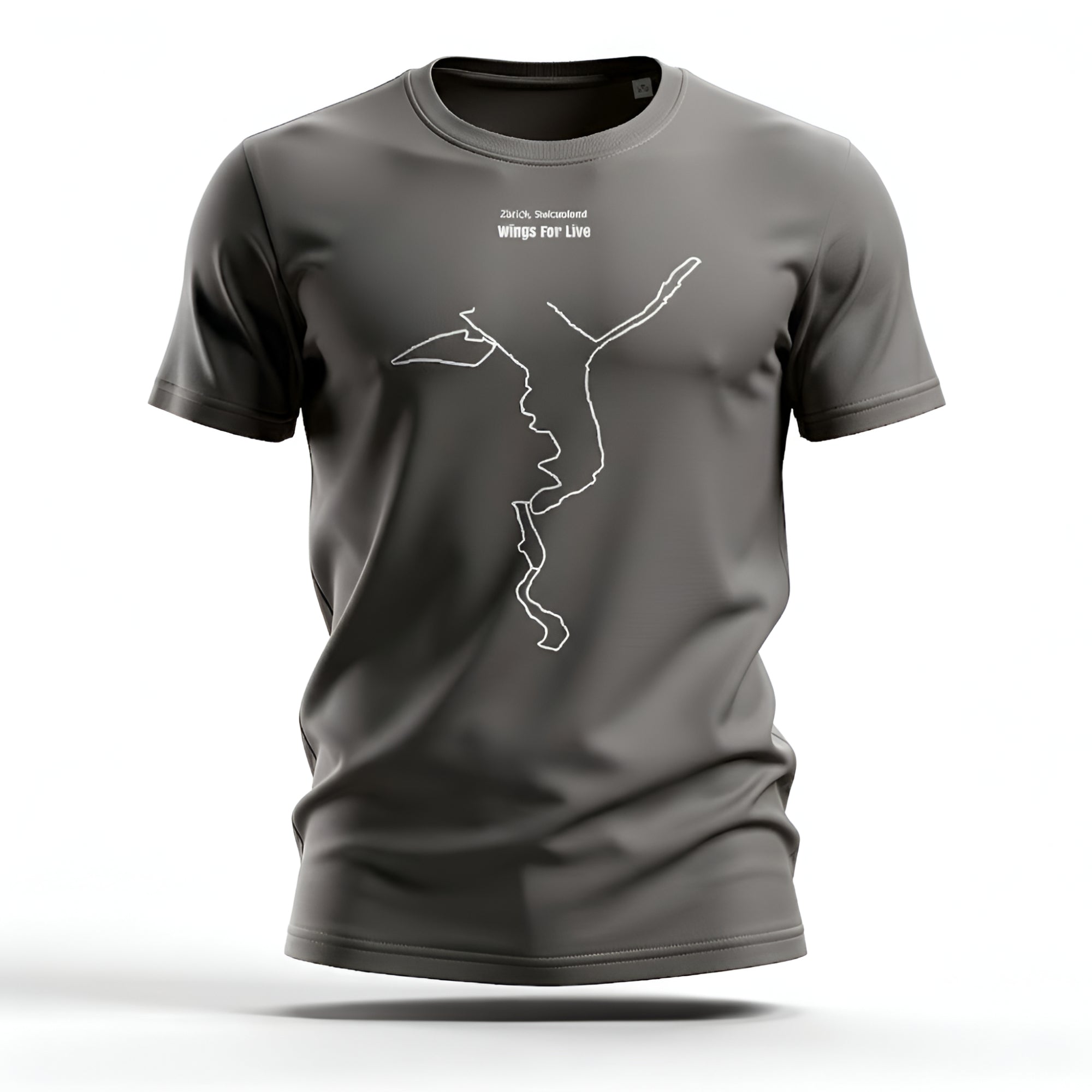 Gray t-shirt with a white custom Strava route print art design on a white background