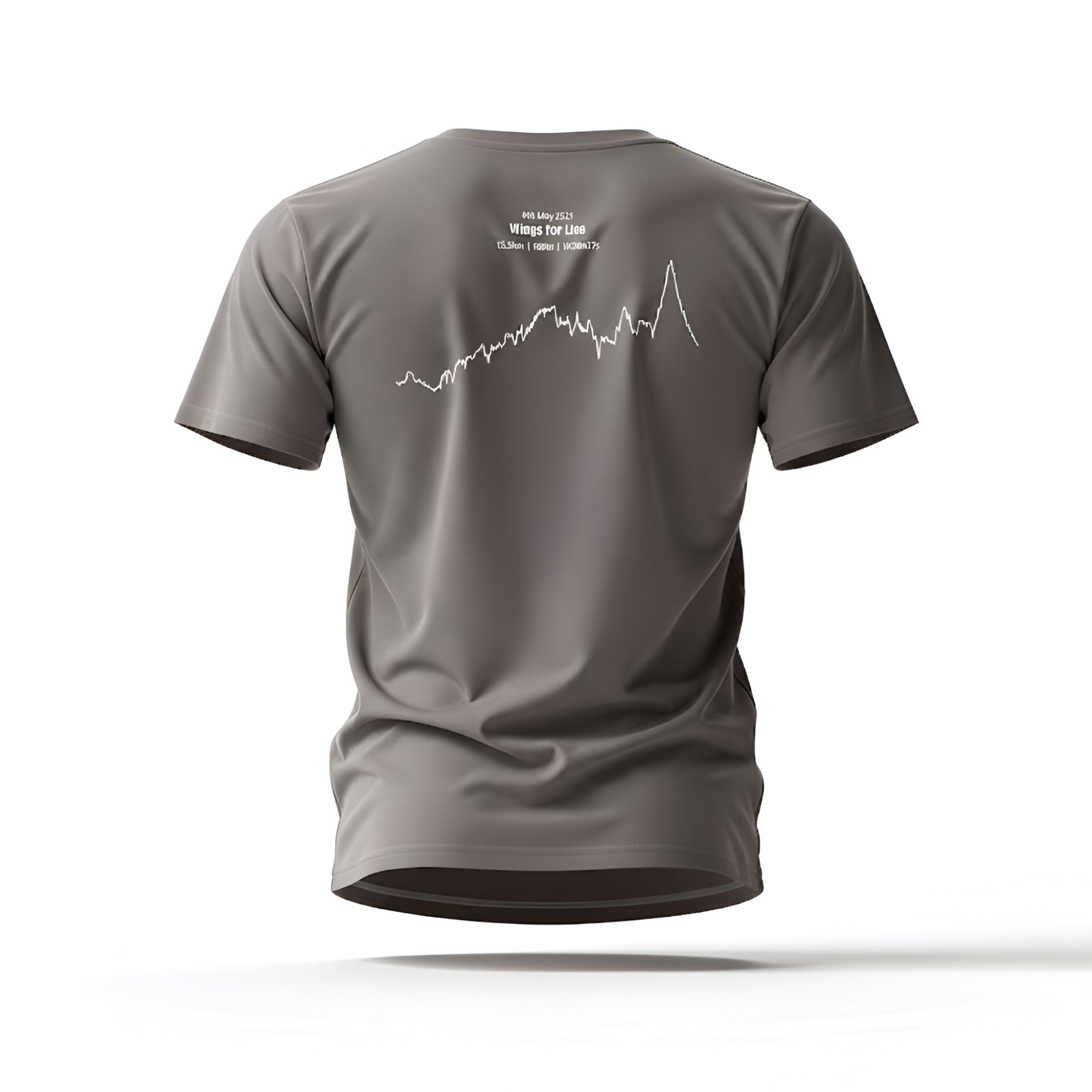 Gray t-shirt with a custom Strava route print art on the back against a white background