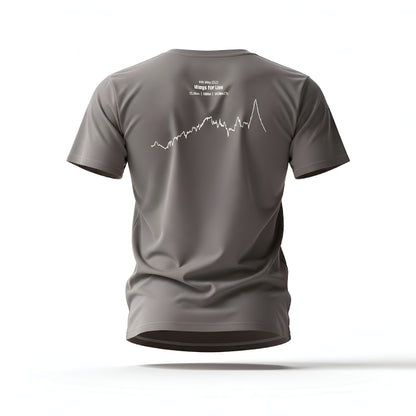 Gray t-shirt with a custom Strava route print art on the back against a white background