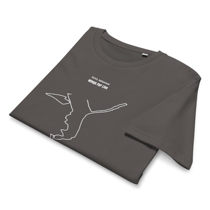 Folded dark gray t-shirt with white custom Strava route print art design and text on a white background