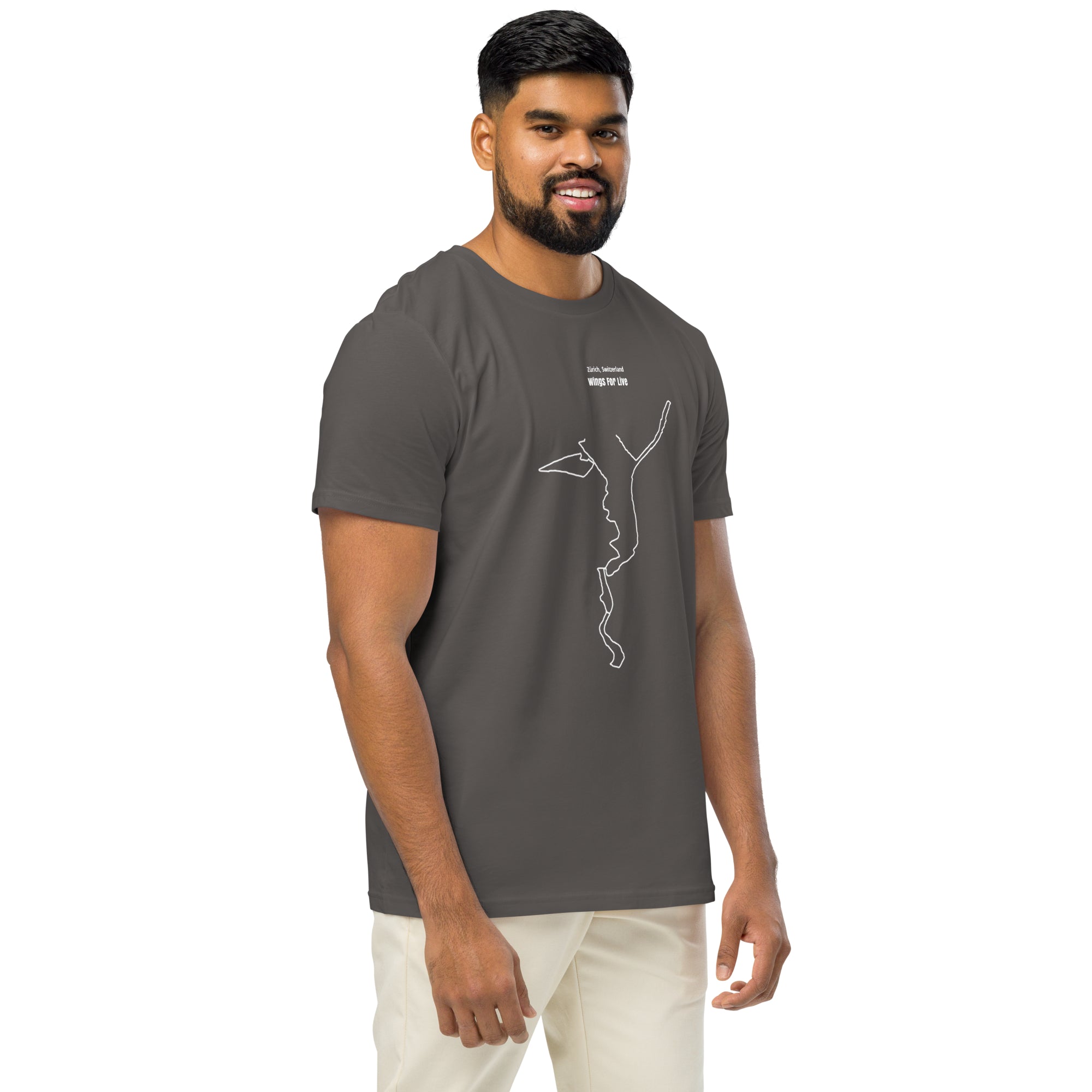 Man wearing a gray t-shirt with a white custom Strava route print art on a white background