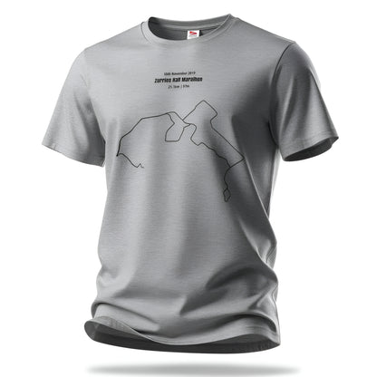 Gray t-shirt with a printed marathon custom Strava route print art on a white background