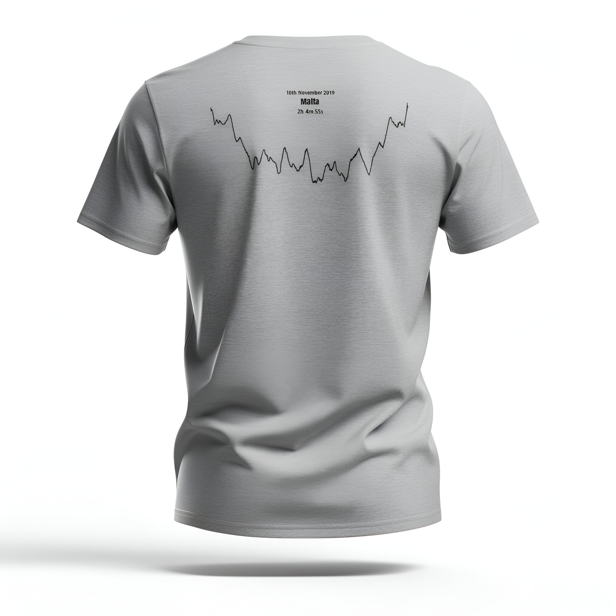 Gray t-shirt with a black custom Strava route print art design on the back against a white background